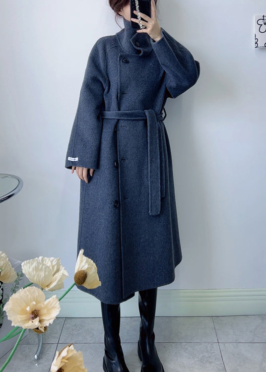 Dark Grey Stand Collar Tie Waist Woolen Coat Winter