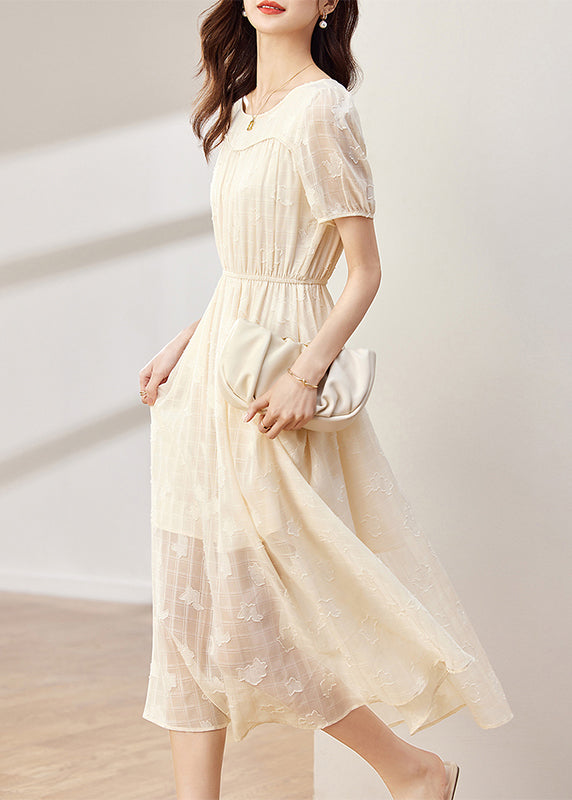 Apricot O-neck Wrinkled Patchwork Chiffon Dress Summer