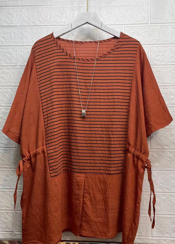 Rubber Red Striped Drawstring Patchwork Cotton Tops Summer