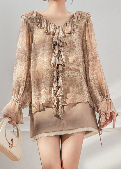 Italian Light Brown V Neck Print Silk Shirts Flare Sleeve
