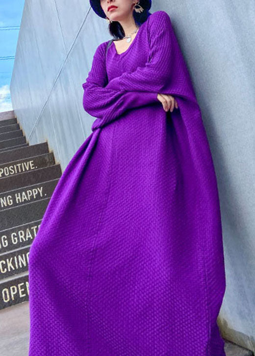 Art Purple V Neck Loose Fall Long Knit Dress