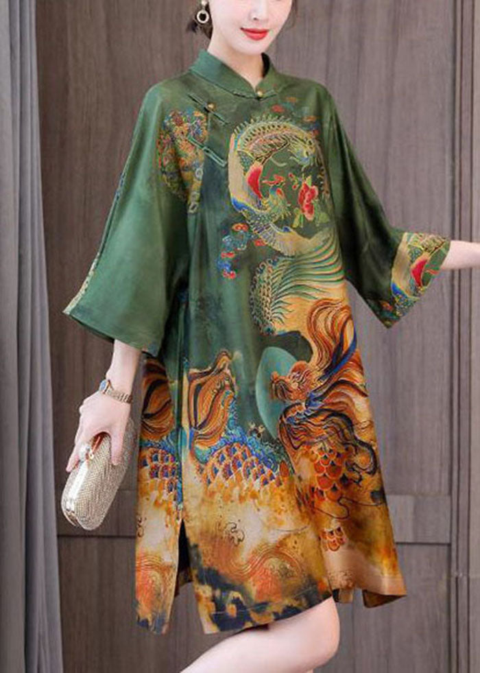 Green Print Chinese Style Silk a Line Dresses Spring