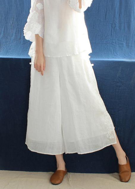 French White Embroidery Pants Summer Elastic Waist Work Pant