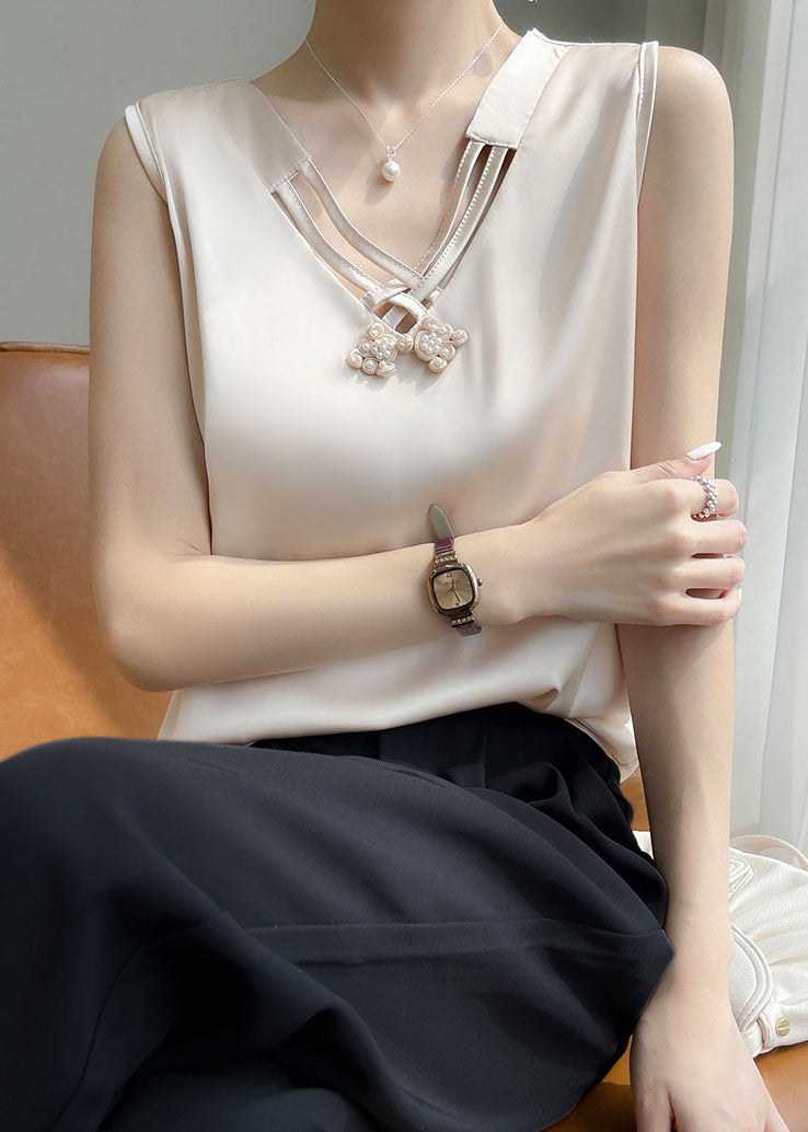 Stylish Champagne Color Nail Bead Silk Tank Summer
