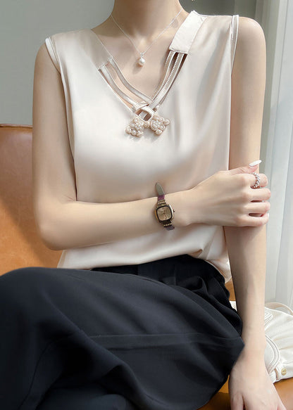 Stylish Champagne Color Nail Bead Silk Tank Summer