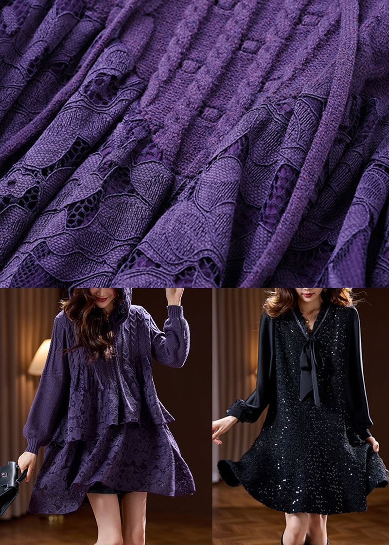 Black O-neck Lace Hooded Mid Dress Spring