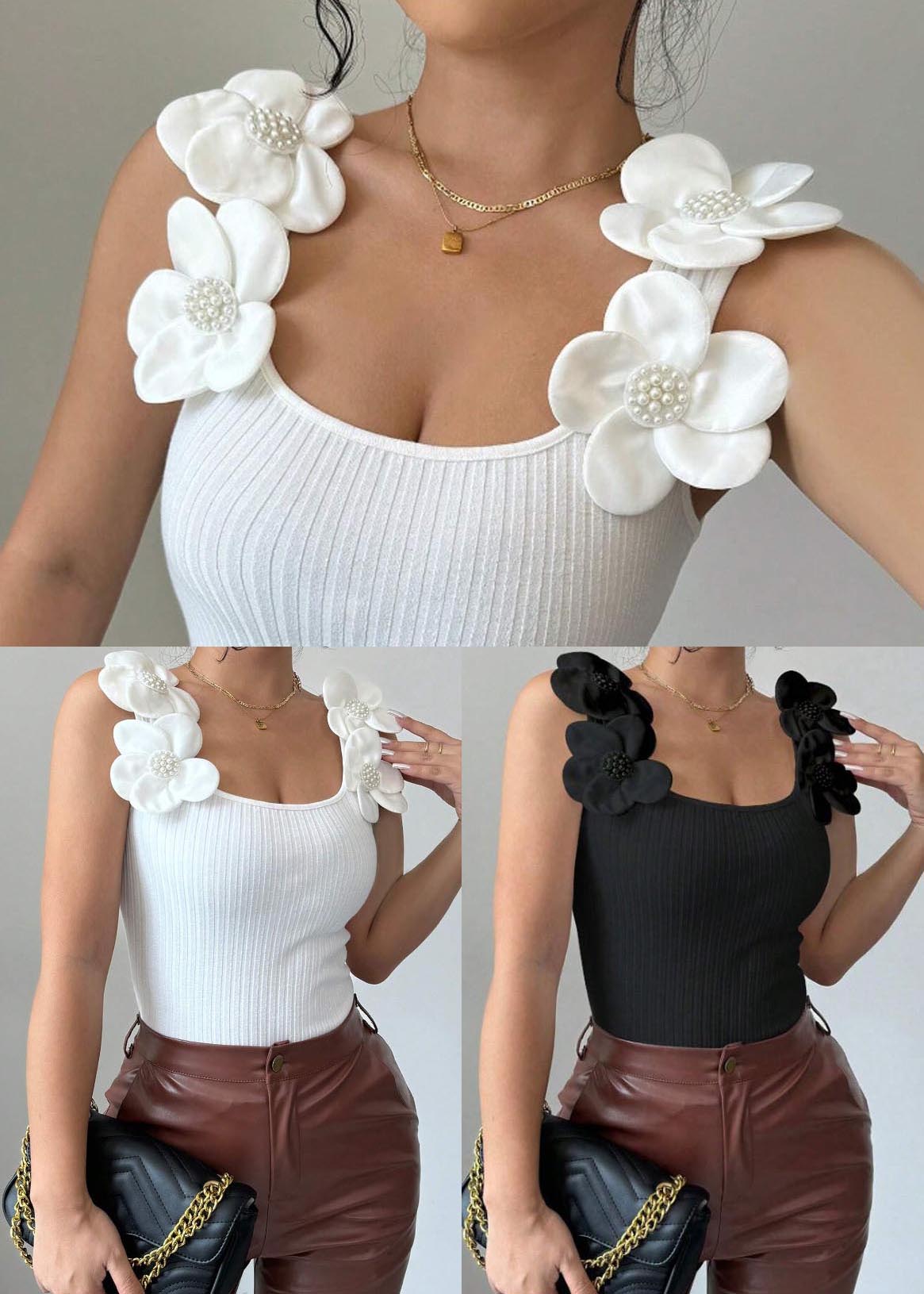White Decorated Silm Vests Summer