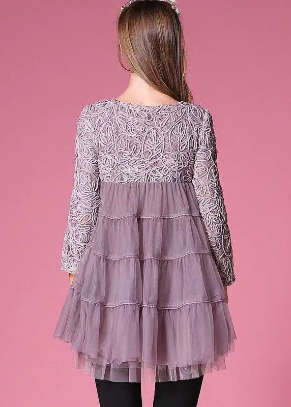 Purple Tulle Dress Hollow Out Embroideried Patchwork Spring