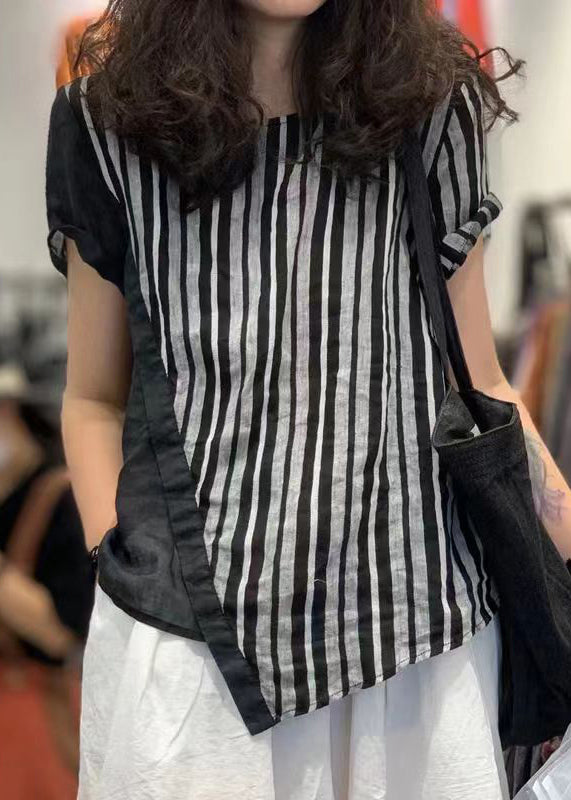 Loose Striped O-neck Patchwork Cotton T Shirts Summer