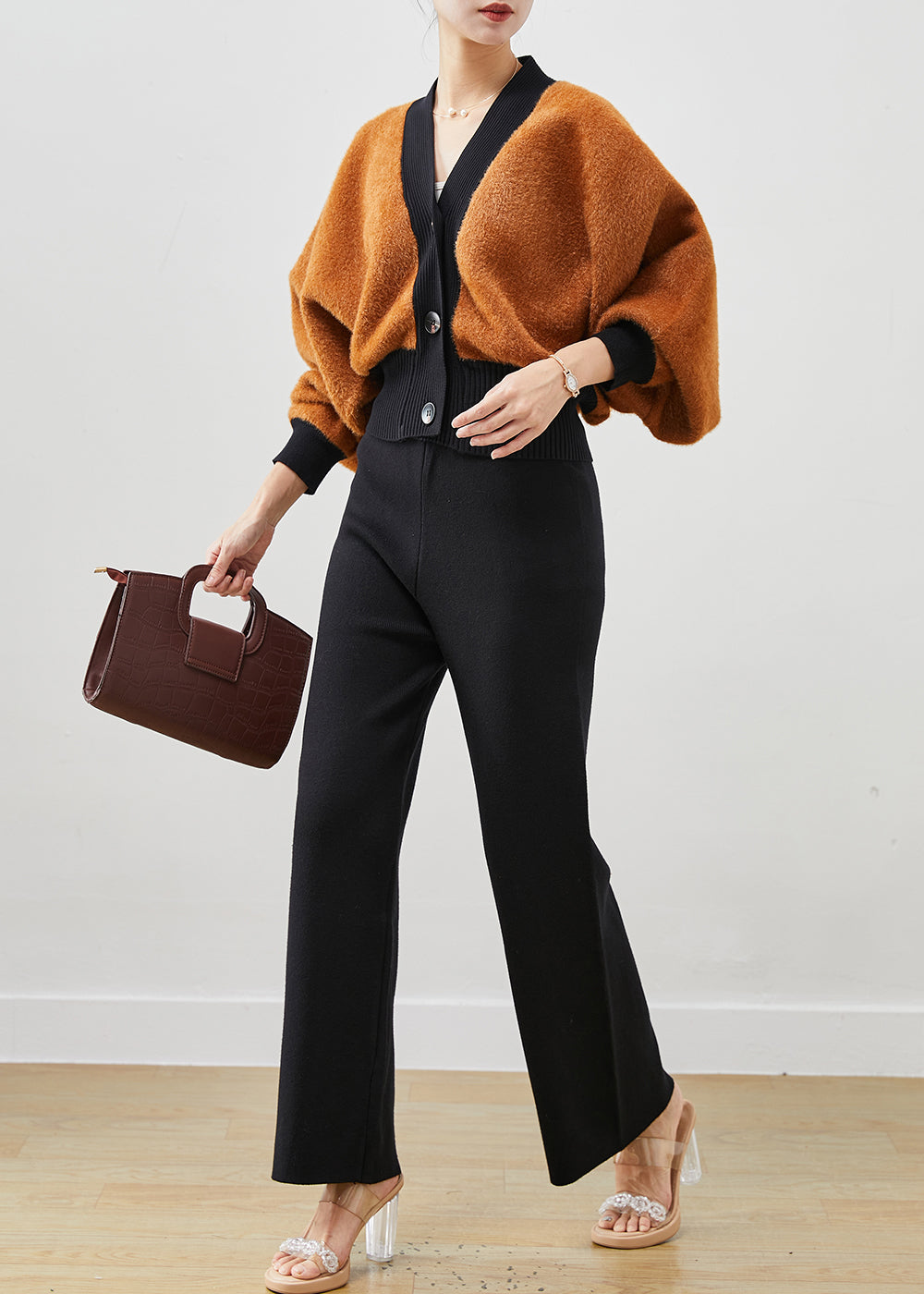 Boutique Khaki Thick Knit Coats and Straight Pants Two Pieces Set Spring