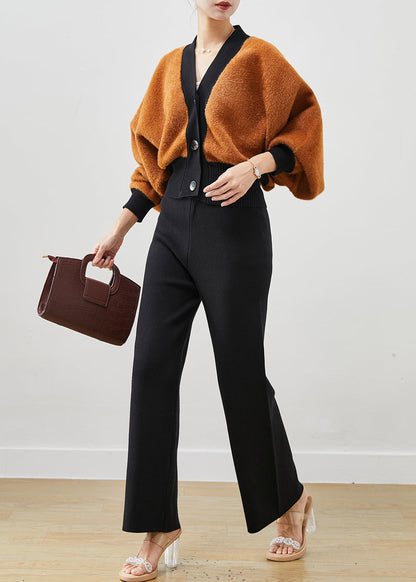Boutique Khaki Thick Knit Coats and Straight Pants Two Pieces Set Spring