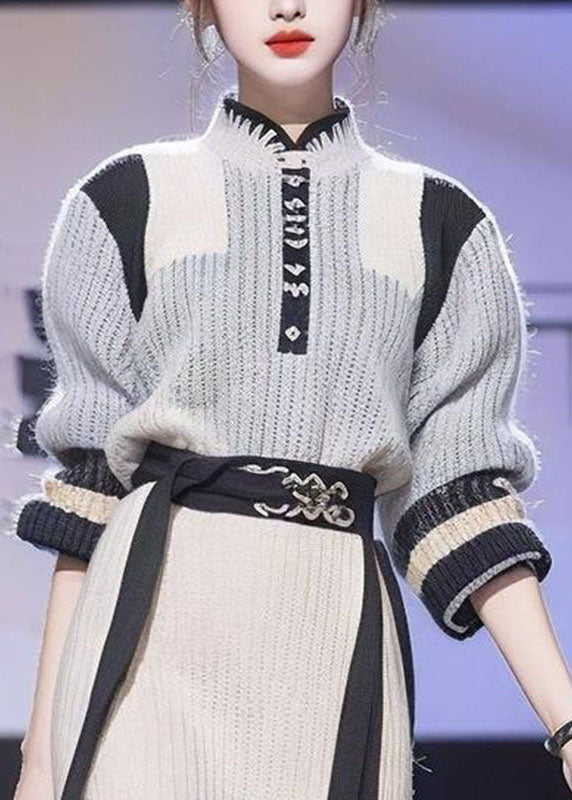 French Grey Tie Waist Cotton Knit Sweaters and Beige a Line Skirts Two Piece Set Long Sleeve