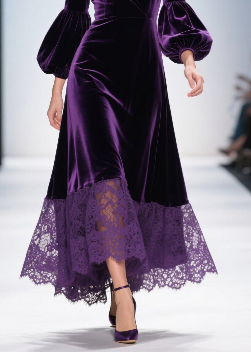 Purple V Neck Lace Patchwork Velvet Dress Fall