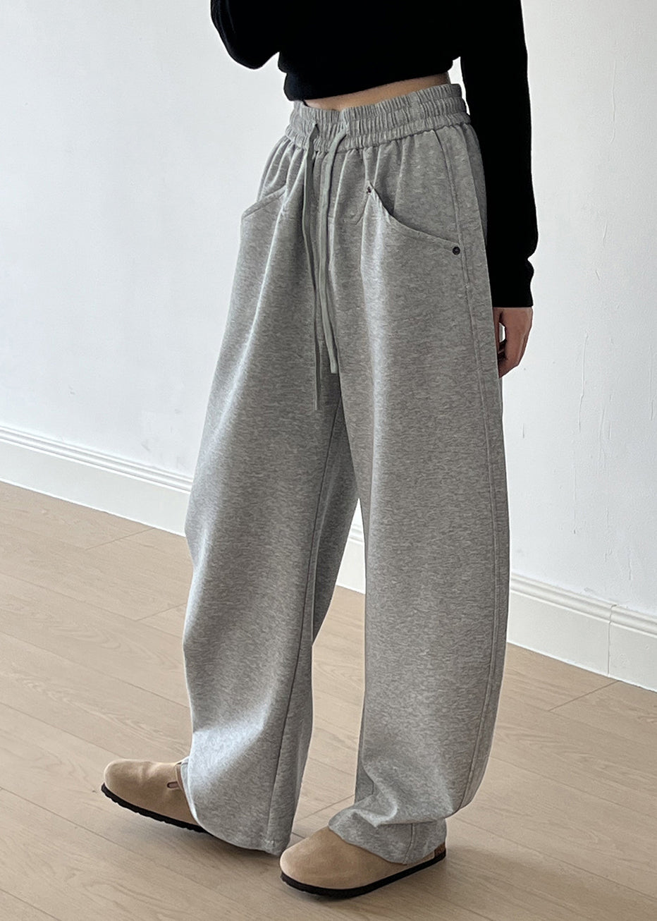 Grey Pockets Drawstring Elastic Waist Cotton Pants Spring
