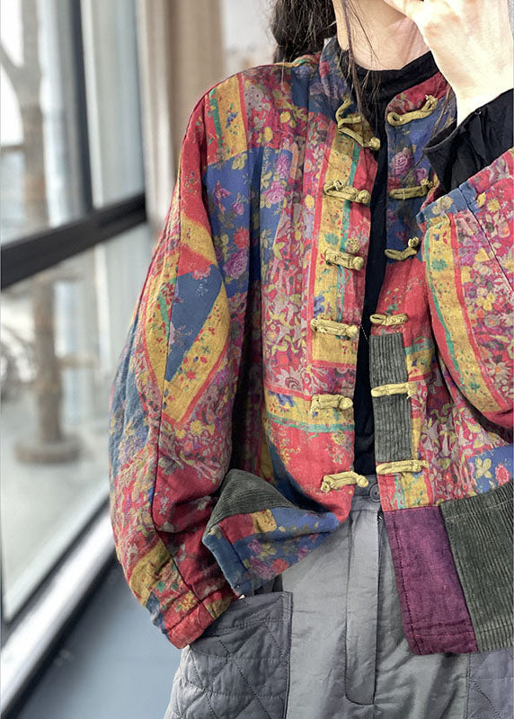 Red Pockets Button Print Fall Long Sleeve Coat