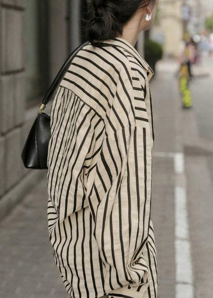 Apricot Striped Button Patchwork Cotton Blouse Fall