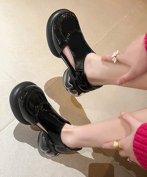 Black Cowhide Leather Platform Loafers Splicing Hollow Out