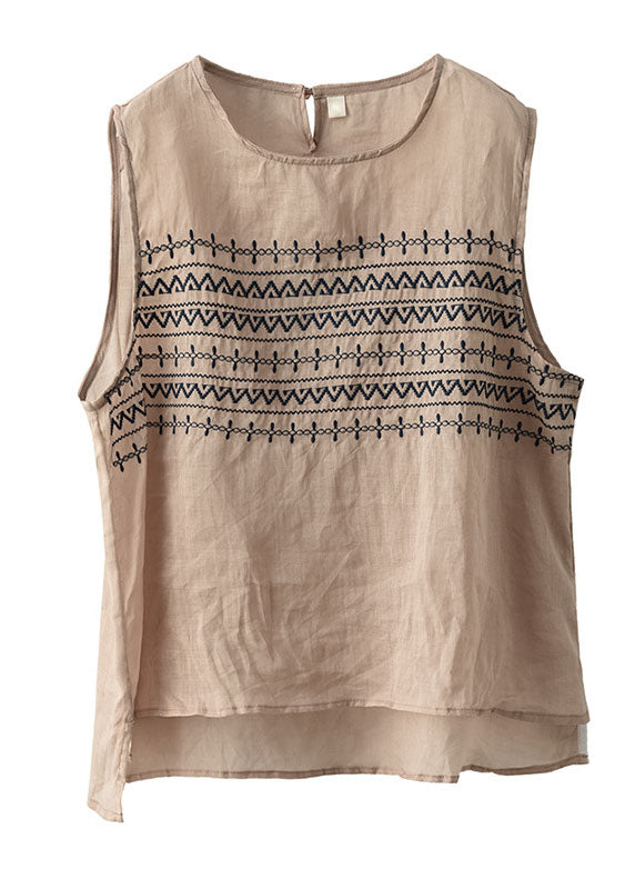 Khaki Low High Design Linen Beach Tanks Sleeveless