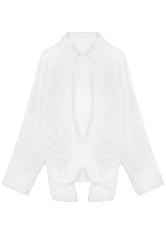 White Peterpan Collar Button Asymmetrical Design Fall Long Sleeve Blouse Tops