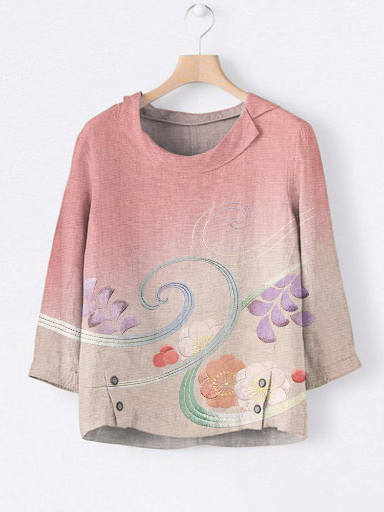 Comstylish Japanese Botanical Floral Pink Gradient Embroidery Pattern Women's Linen Lapel Top
