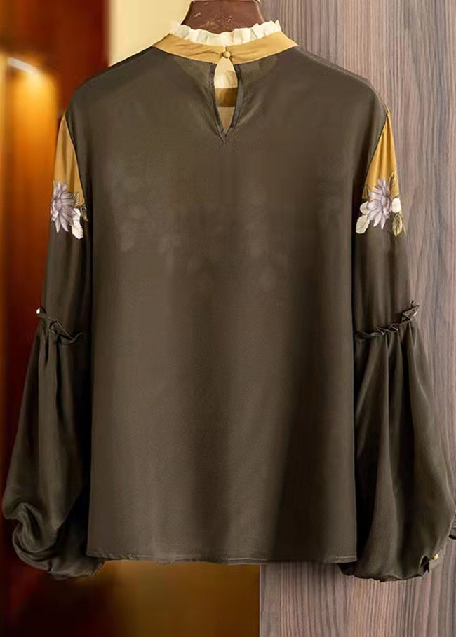 Brown Stand Collar Ruffled Pearl Patchwork Print Blouses Top Puff Sleeve
