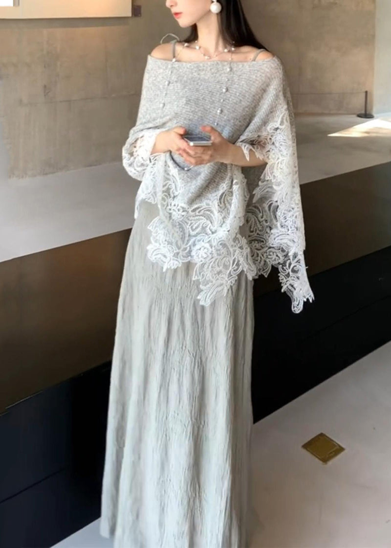 Grey Lace Patchwork Cotton Knit Cape and Long Dresses Two Piece Set Batwing Sleeve