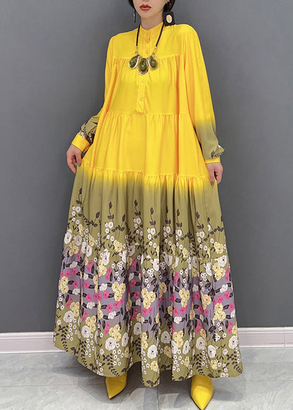 Yellow Stand Collar Print Patchwork Vacation Long Dresses Spring