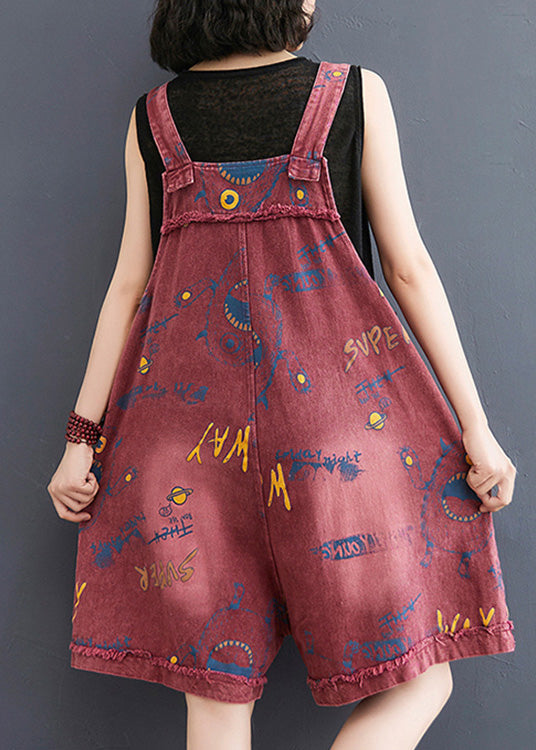 Red Slash Neck Print Patchwork Denim Jumpsuit Summer