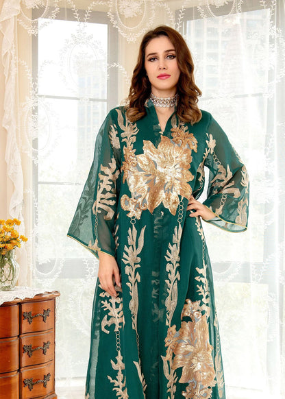 Green Embroideried Sequins Tulle Long Dress Fall
