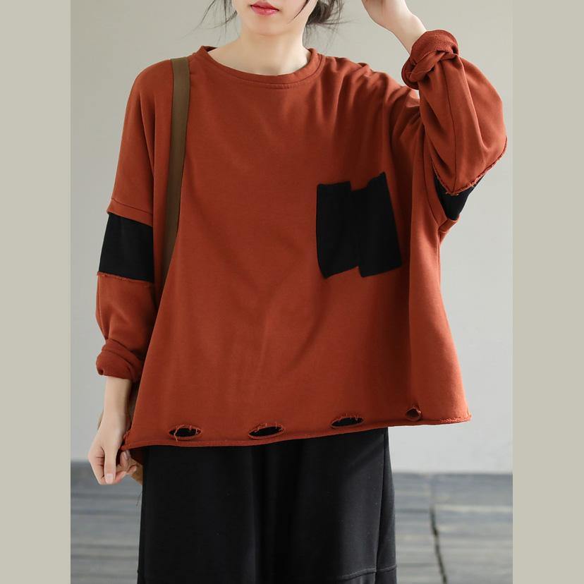 Classy Orange Cotton Tunic Top Patchwork Loose Sweatshirt