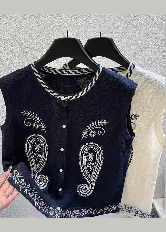 Black Embroideried Knit Vest Tops Sleeveless