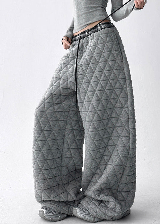 Grey Pockets Cotton Filled Wide Leg Pants Elastic Waist