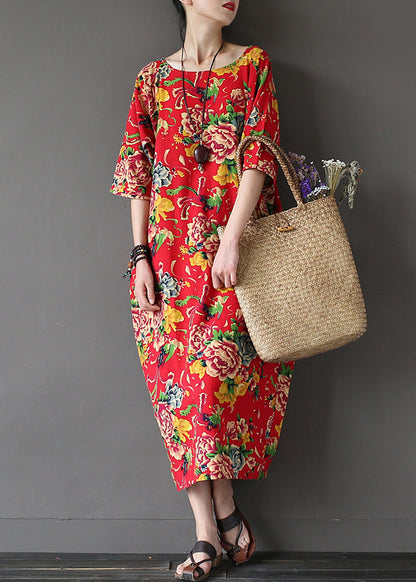 Unique Red O-neck Print Holiday Cozy Maxi Dress Summer