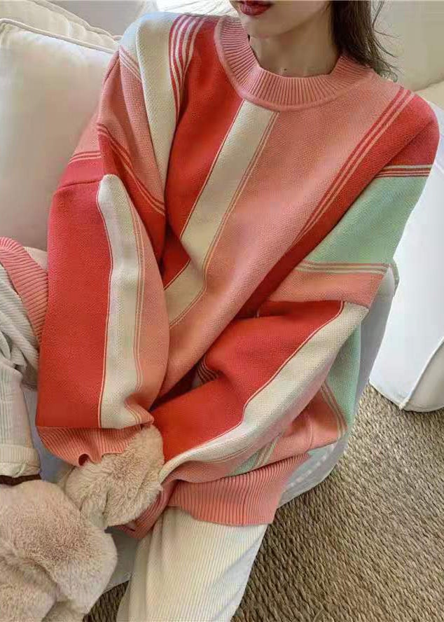 Rainbow O Neck Patchwork Cozy Cotton Knit Sweaters Spring