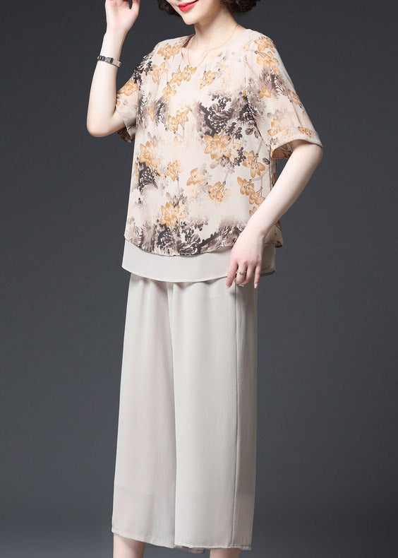Apricot O-neck Print Layered Design Chiffon Tanks and Wide Leg Pants Two Pieces Set Summer