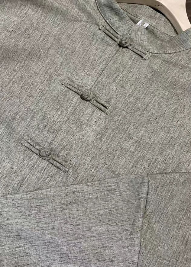 Grey Brown Stand Collar Chinese Button Linen Shirt Top Fall