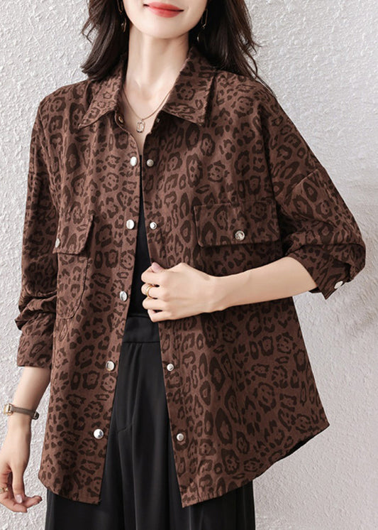 Coffee Leopard Pockets Cotton Shirts Fall