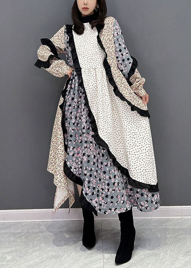 Colorblock Stand Collar Asymmetrical Patchwork Ruffles Long Dress Fall