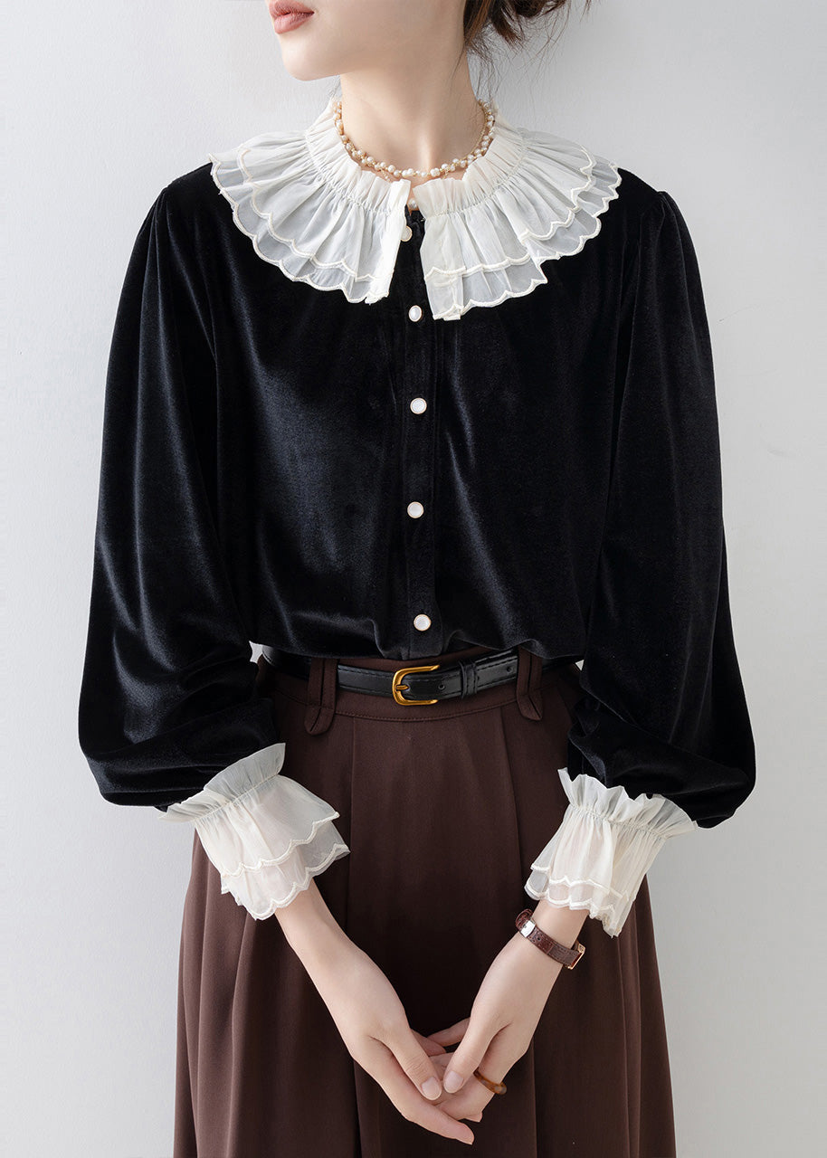 Art Black Ruffled Patchwork Silk Velour Blouse Tops Spring