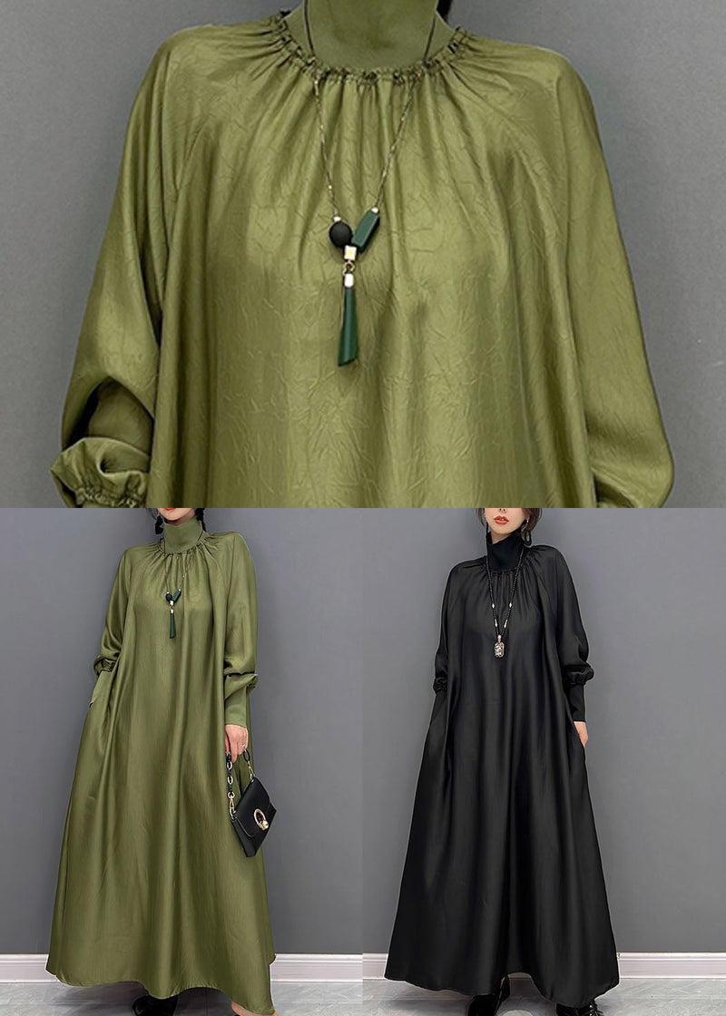 Black High Neck Oversized Silk Long Dress Spring