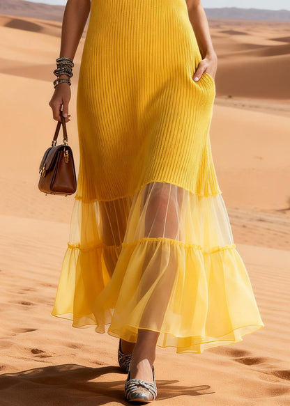 Yellow Ruffled Tulle Patchwork Knit Long Sweater Dress Sleeveless Spring