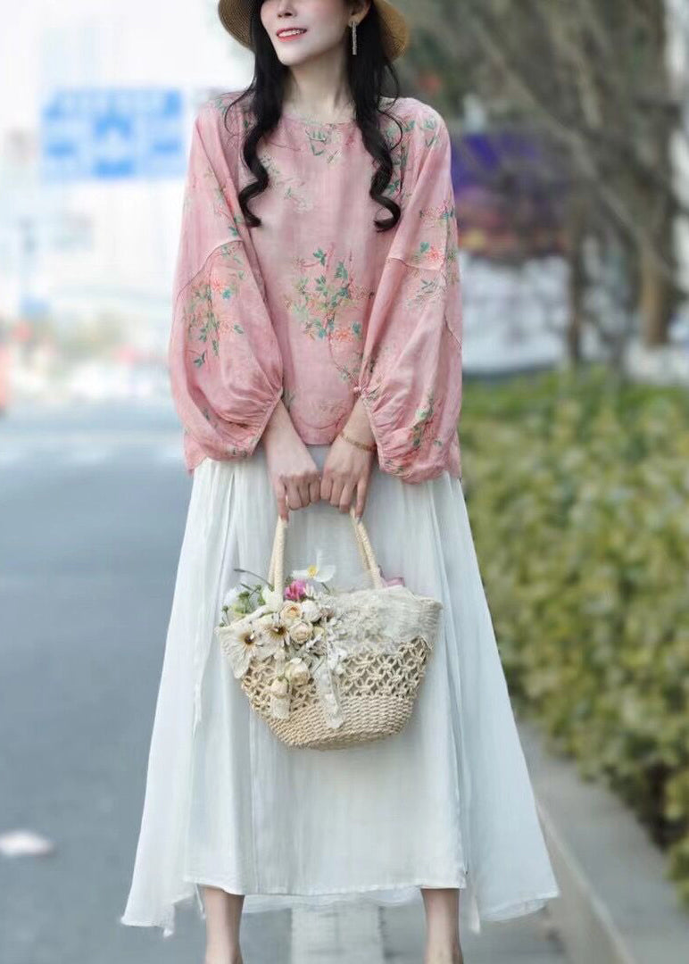 Pink Print Linen Blouse Tops Lantern Sleeve