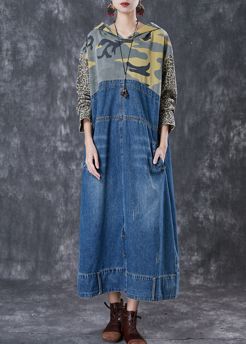 Blue Oversized Patchwork Denim Holiday Dresses Spring