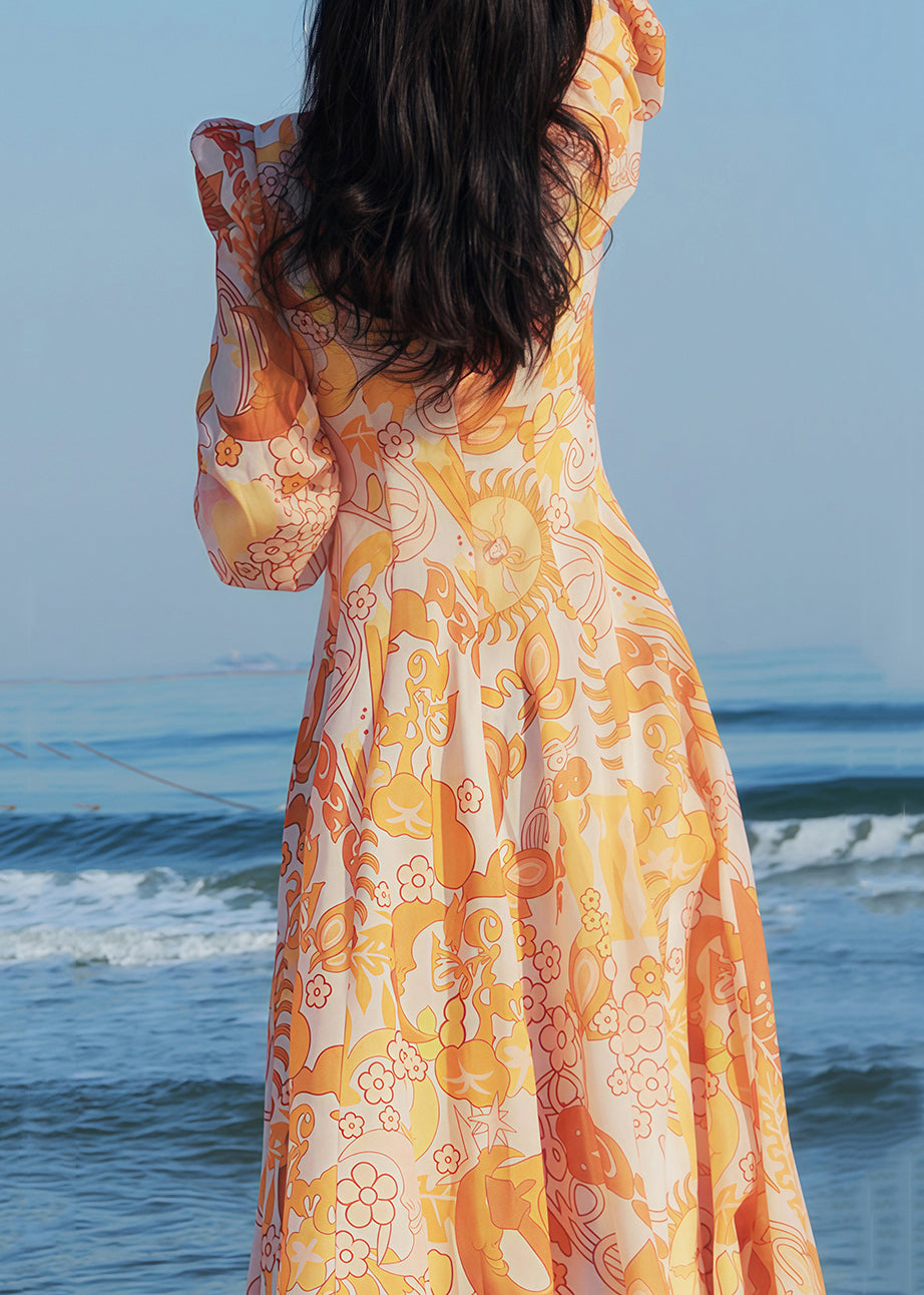 Yellow V Neck Print Nail Bead Vacation Dresses Fall