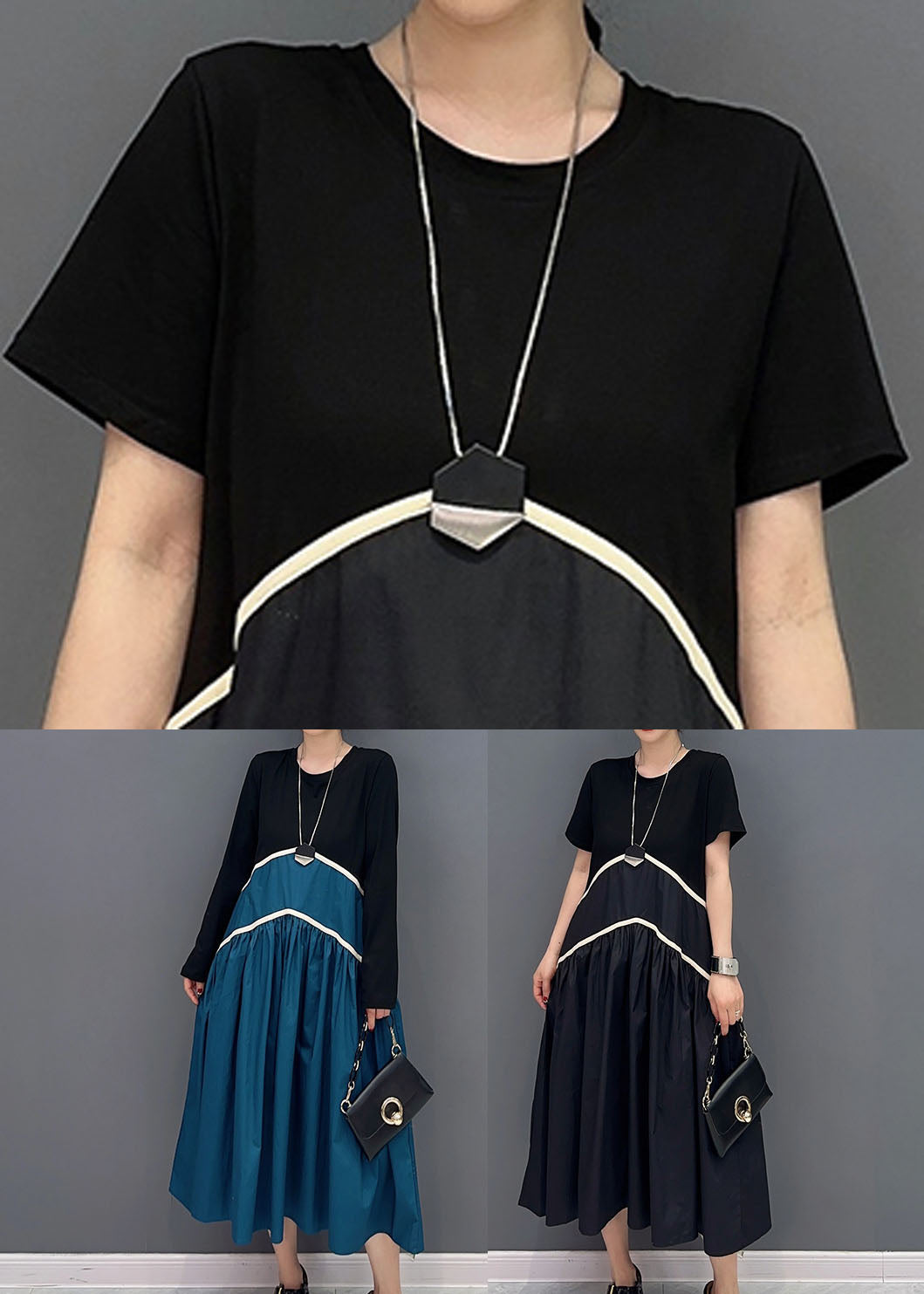 Modern Black O-neck Patchwork Cotton Long Dress Spring