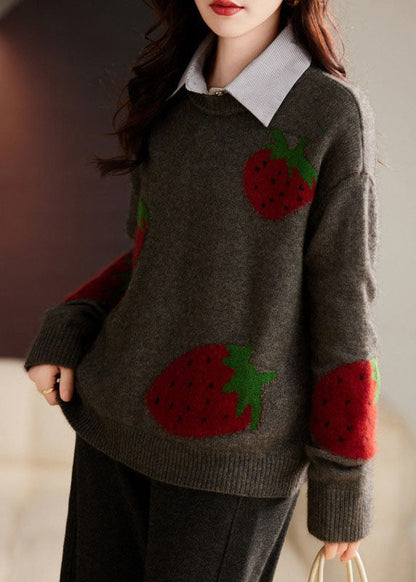 Beige Strawberry Print Cozy Cotton Knit Sweater Long Sleeve