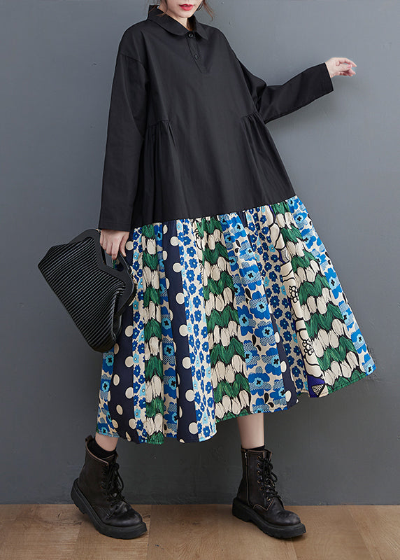 Black Patchwork Cotton a Line Dress Oversized Print Fall