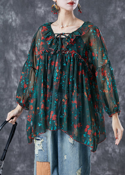 Blackish Green Ruffled Print Chiffon Blouses Summer