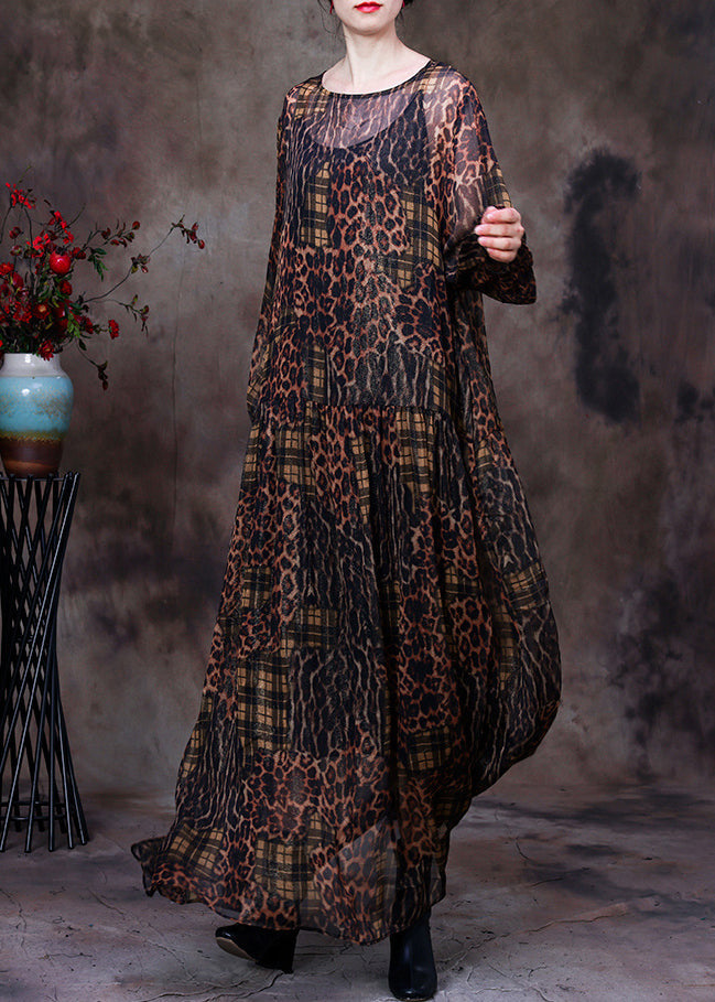 Organic Chocolate O-neck Print Maxi Dress and Suspenders Two Pieces Set Fall