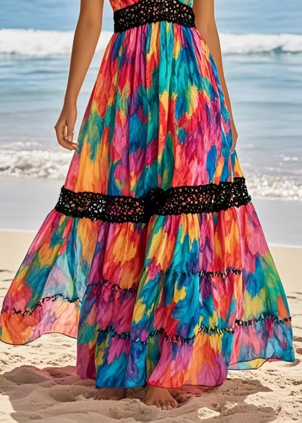 Rainbow Cinched Patchwork Chiffon Vacation Dresses Summer